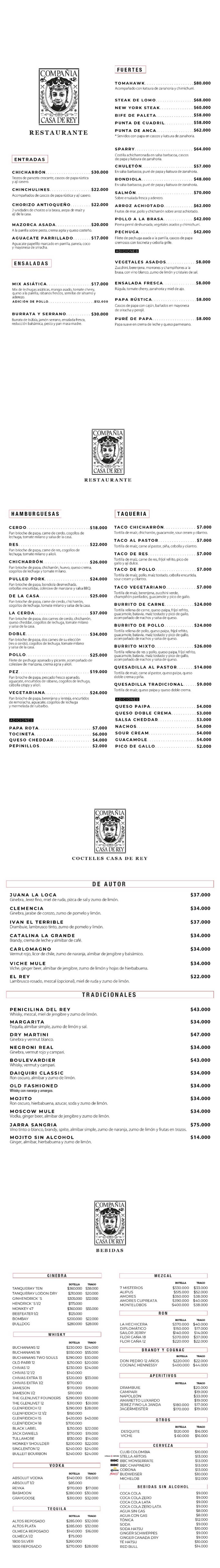 Carta Restaurante Compañía Casa de Rey