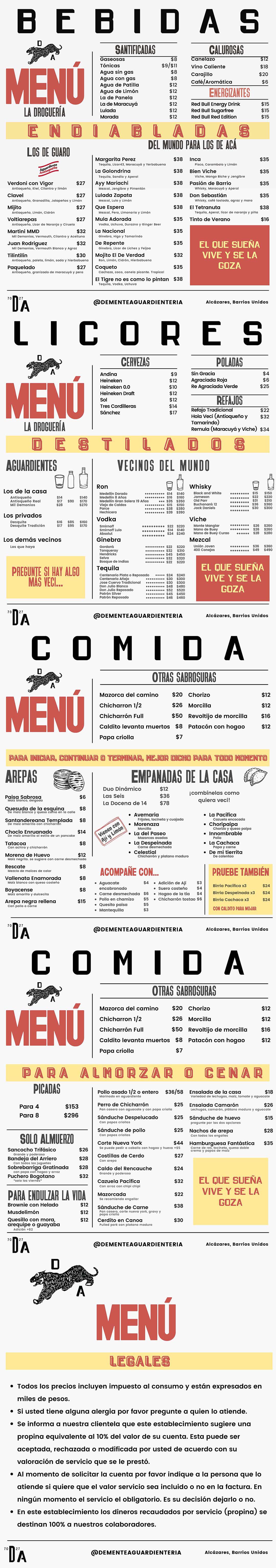 Carta Restaurante Demente Aguardienteria