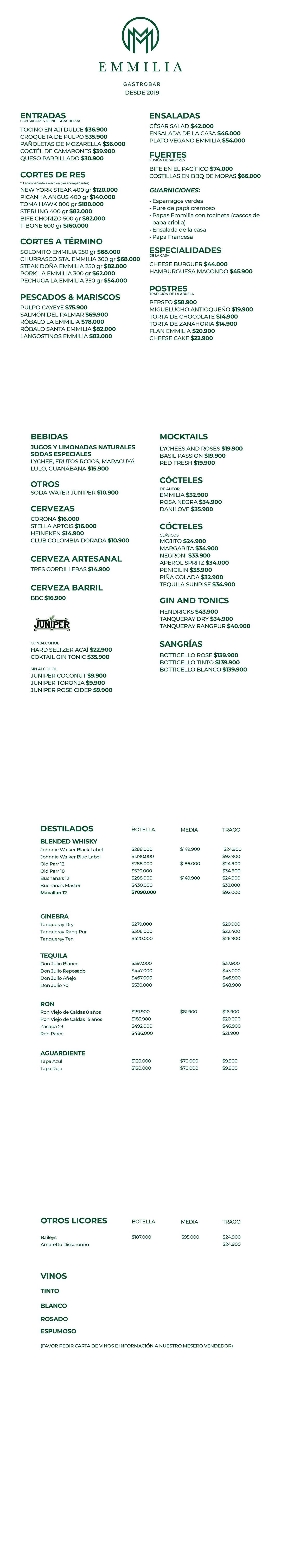 Carta Restaurante EMMILIA