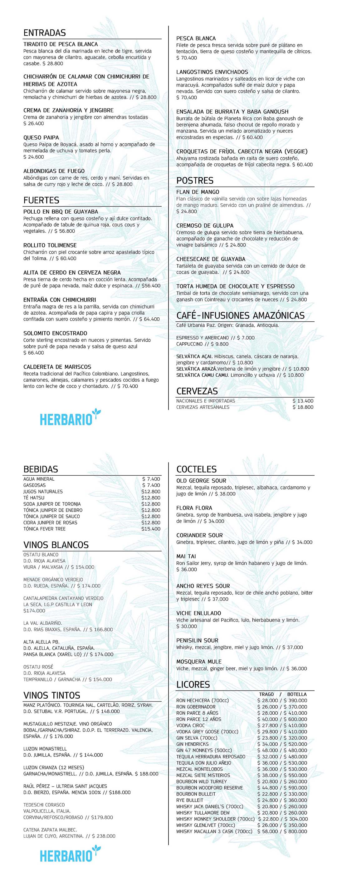 Carta Restaurante Herbario