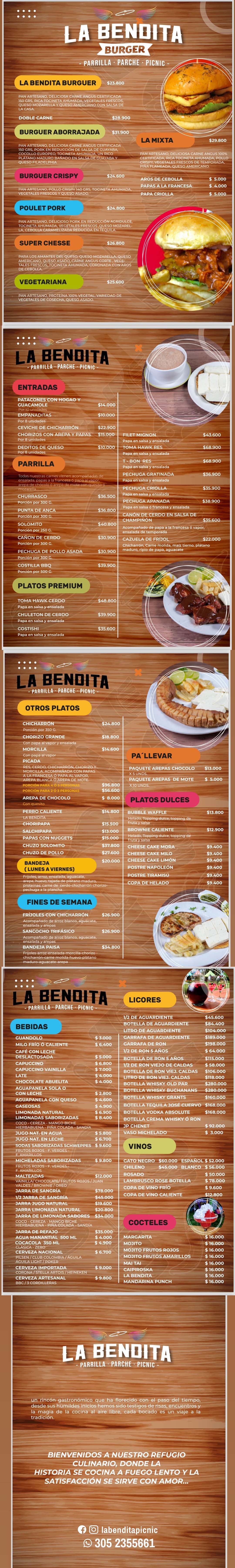 Carta Restaurante La Bendita