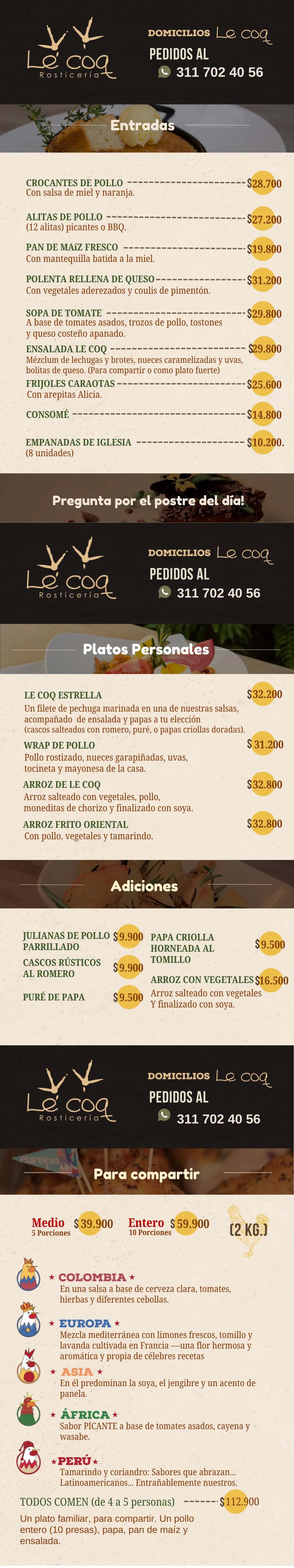Carta Restaurante Le Coq. Rosticería