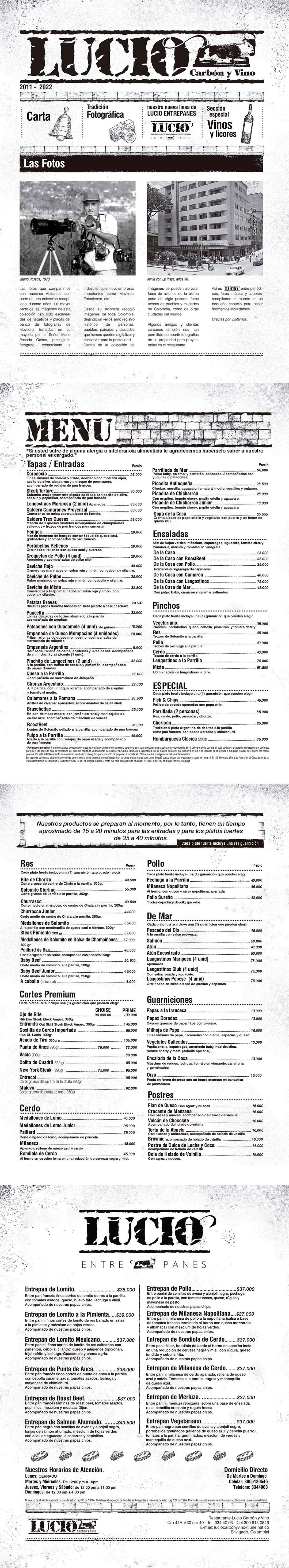 Carta Restaurante Lucio. carbón y vino