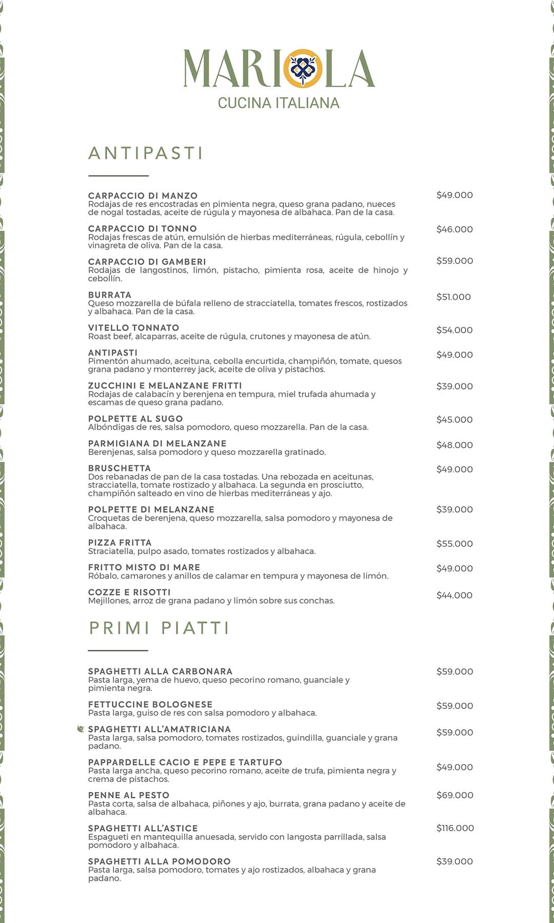 Carta Restaurante Mariola
