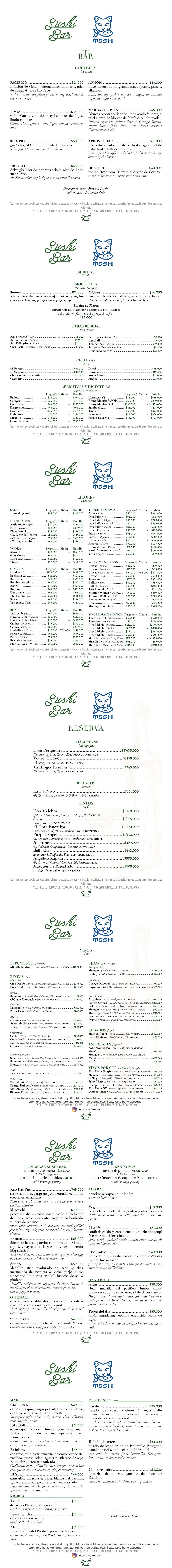 Carta Restaurante Moshi & Sushi Bar