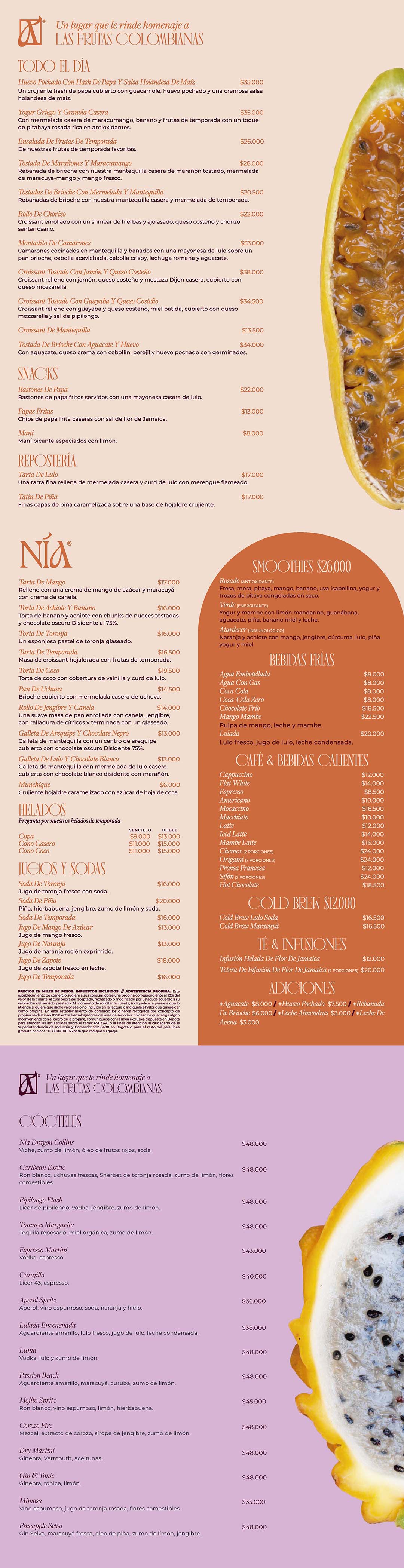 Carta Restaurante Nía Bakery