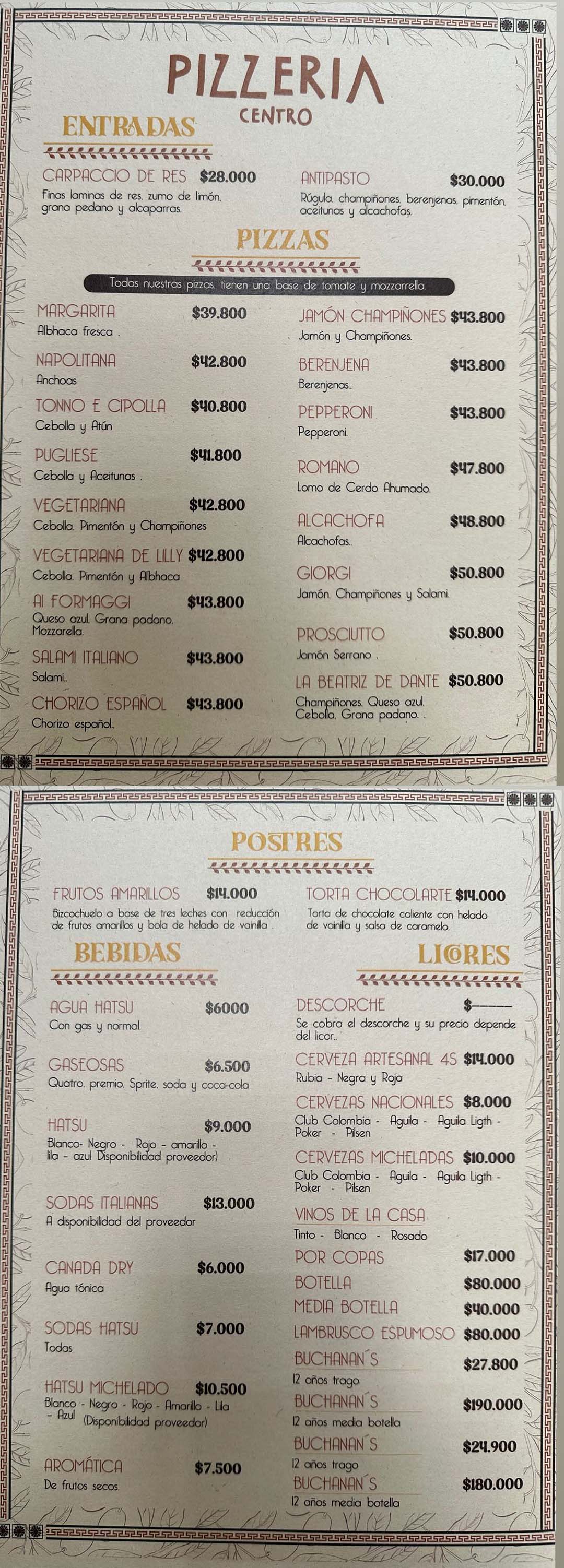 Carta Restaurante La Pizzeria