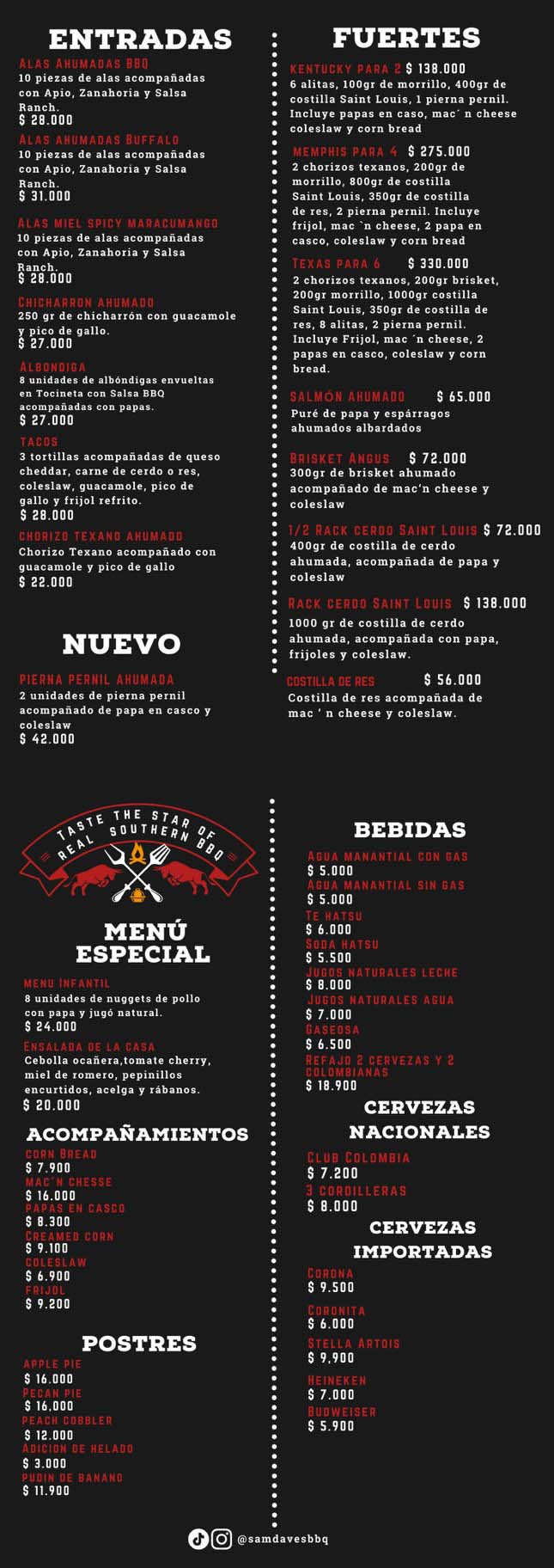 Carta Restaurante Sam & Dave’s