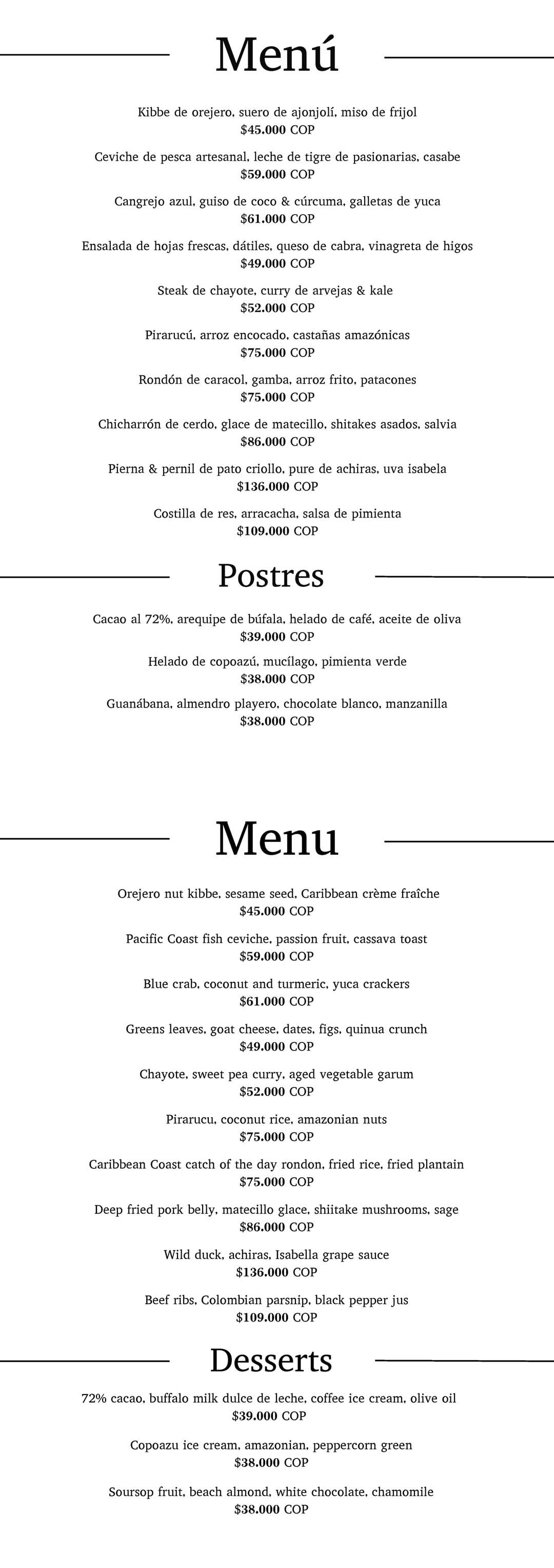 Carta Restaurante X.O.